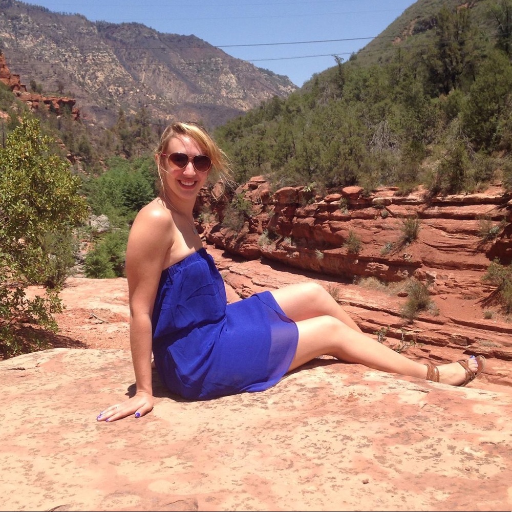 Royal blue strapless dress. From Express, medium
